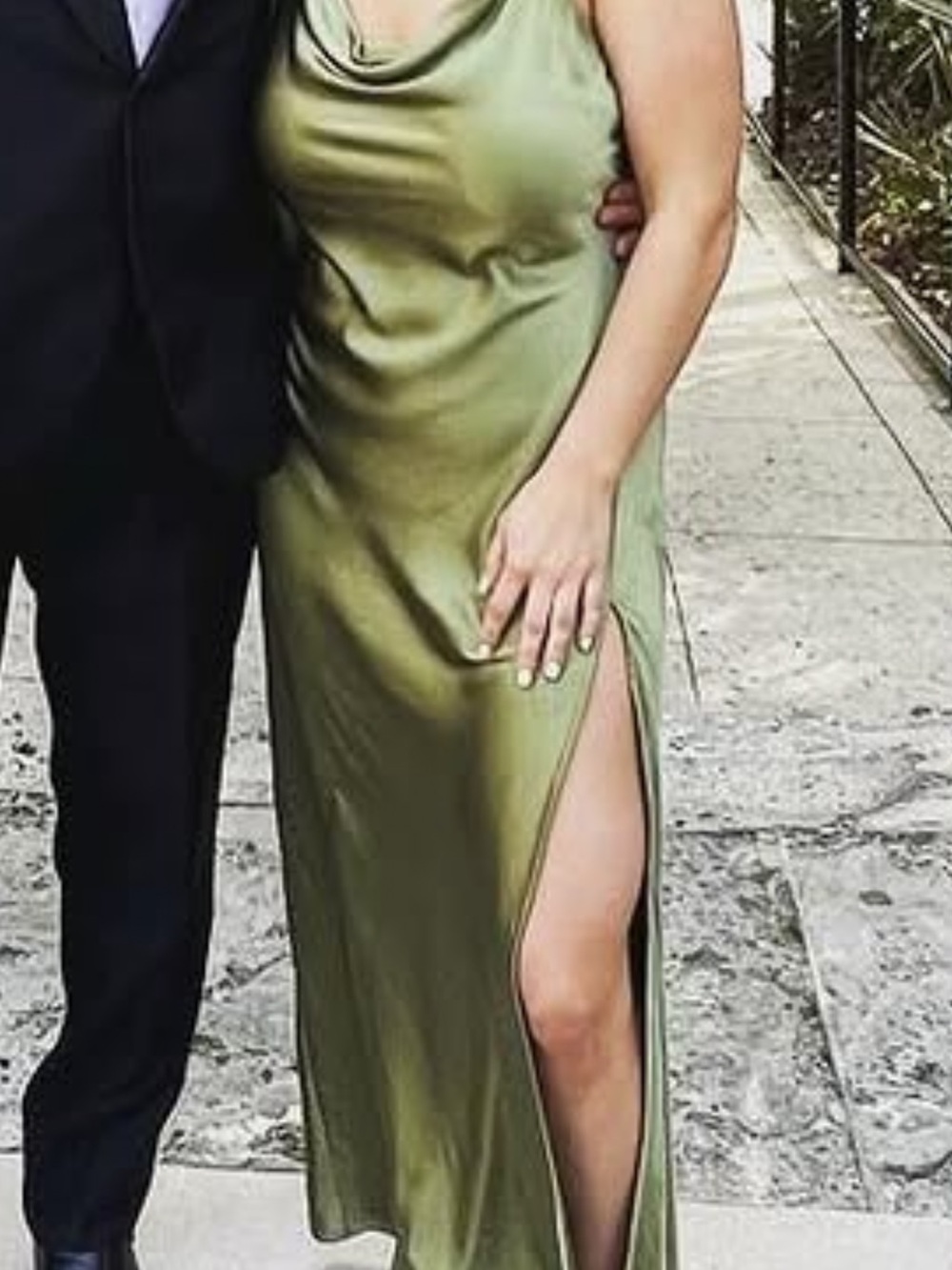 Audrey 3+1 Olive Green Satin Cowl Slip Dress with Thigh Slit